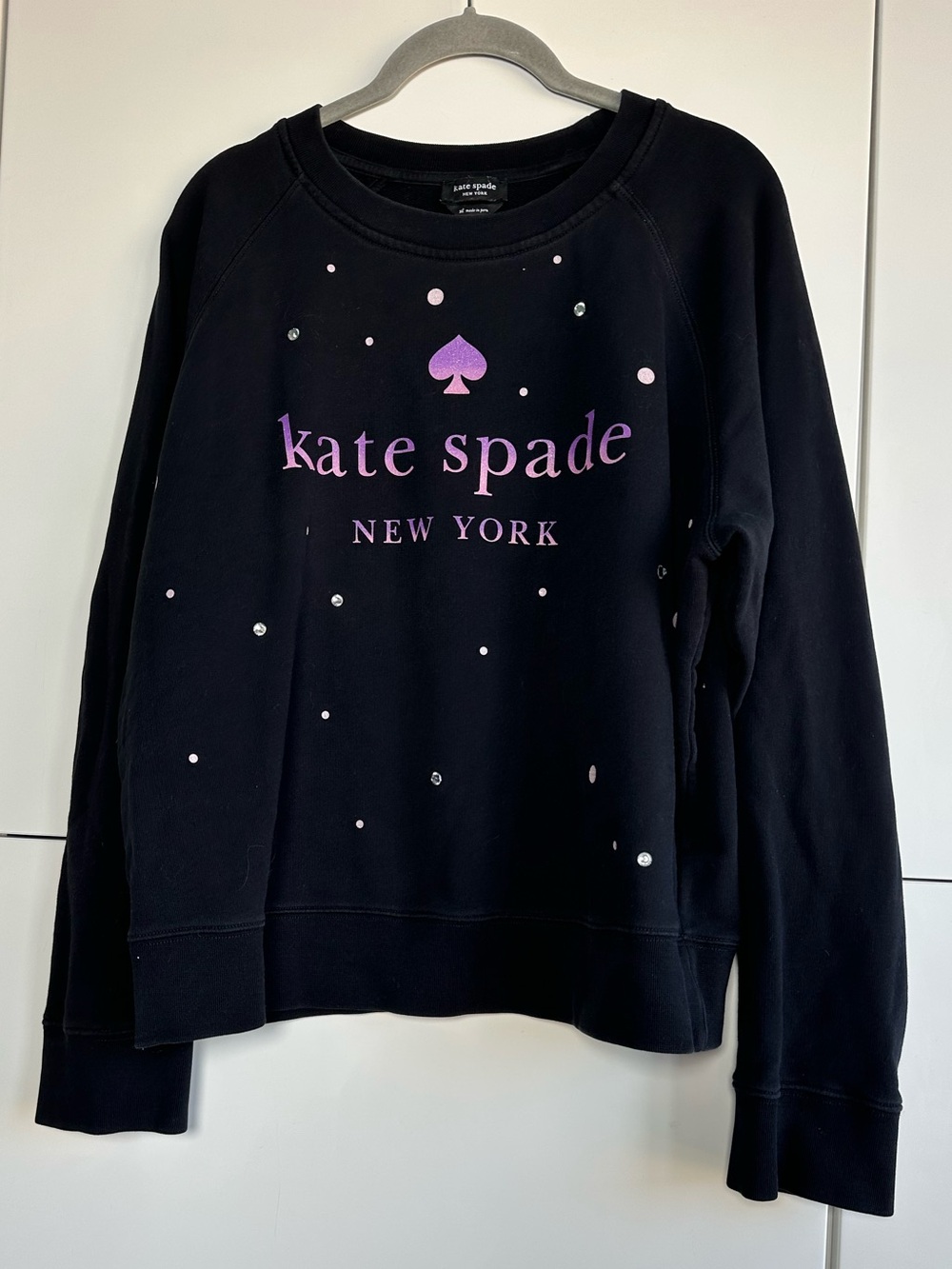 Kate Spade Logo Sweatshirt Black Pink Purple Ombré Polka Dots Crystals Size XL